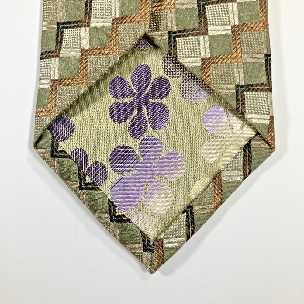 Roberto Villini Couture Men's Necktie Geometric Green‎ Gold Silver Silk Handmade - Picture 5 of 6